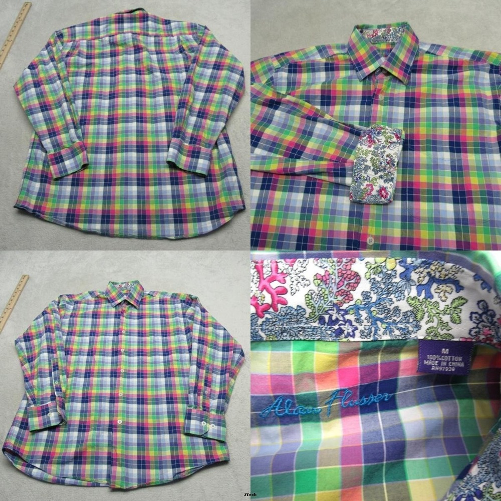 Alan Flusser Flip Cuff Shirt Men Medium Yellow Green Plaid Long Sleeve Button Up